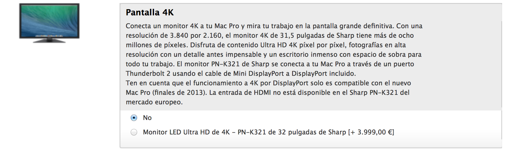 Apple vende pantalla 4K de Sharp junto al Mac Pro