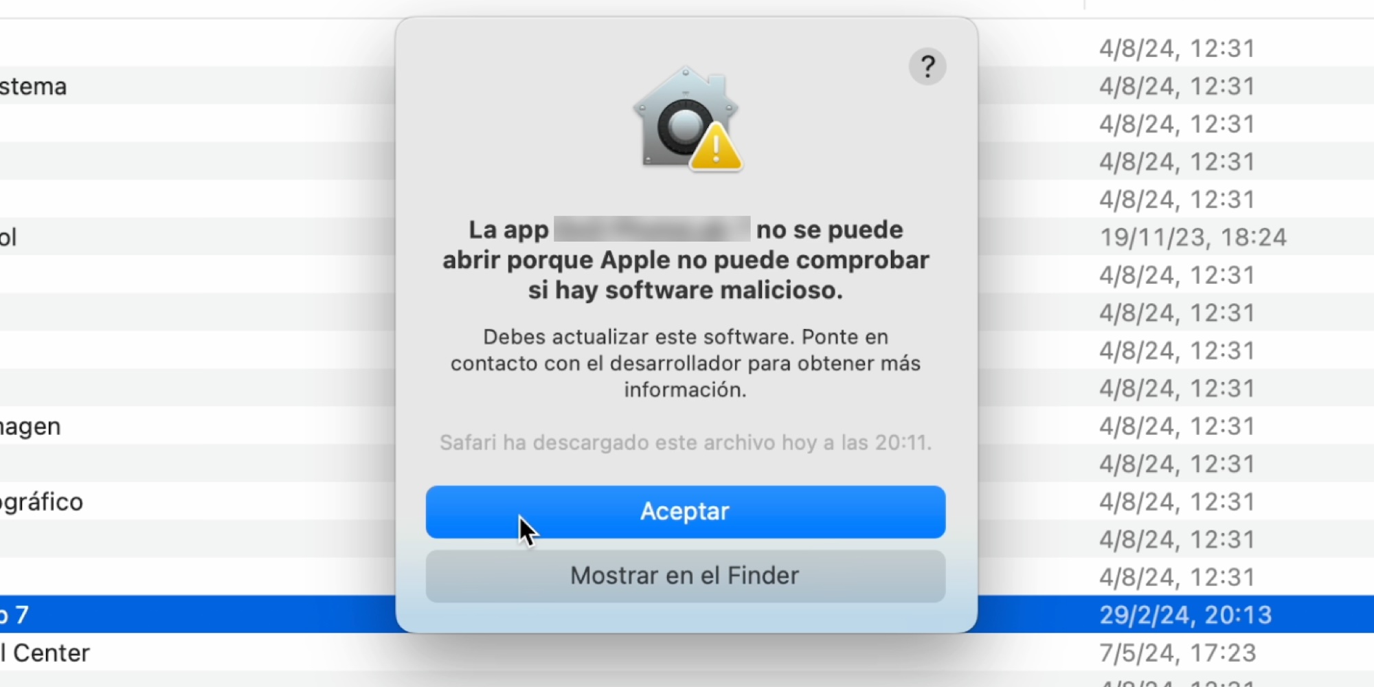 Solución: La app no se puede abrir porque Apple no puede detectar si hay software malicioso